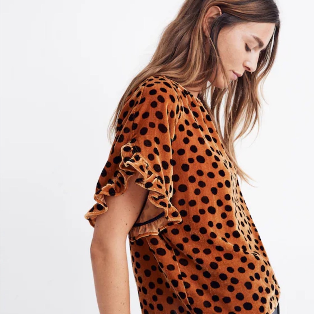 Madewell Velvet Leopard Ruffle Sleeve Top Size XS - Picture 2 of 16